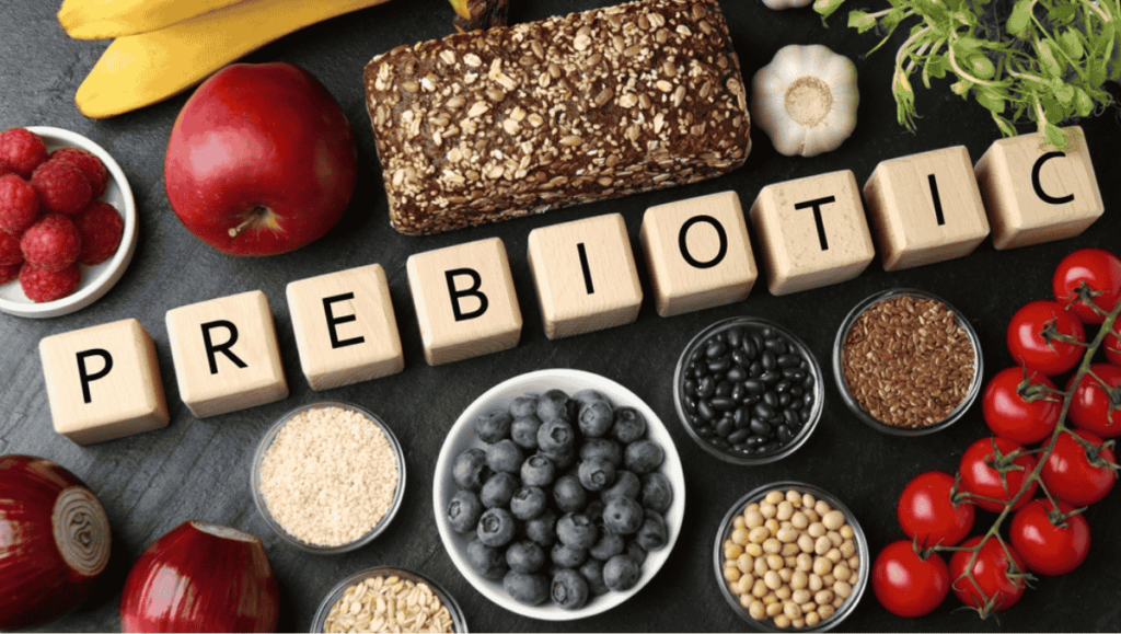 Prébiotiques et probiotiques : aliments riches en fibres, graines, fruits et légumes variés, avec le mot “PREBIOTIC” formé en cubes de bois.